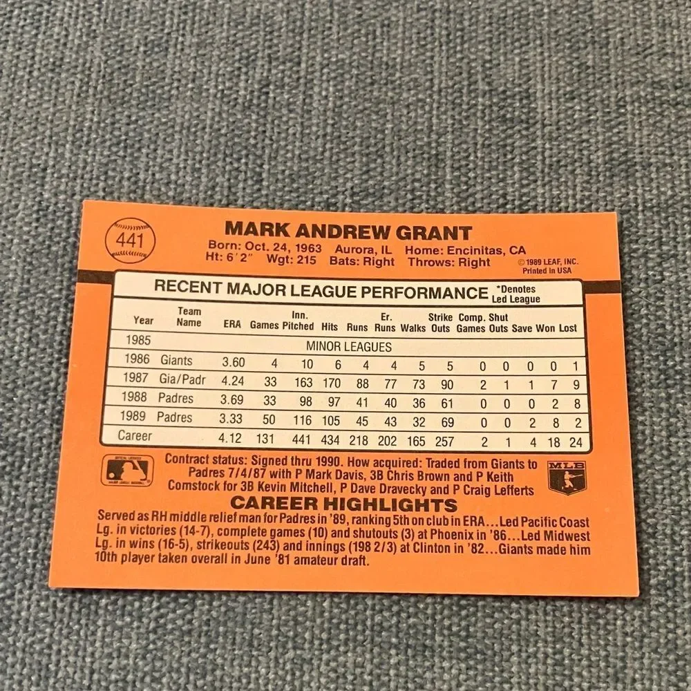 1990 Donruss San Diego Padres Baseball Card Trading Card